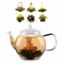 sklenená kanvica 800 ml s uzáverom čajové sitko a čajové kvety Feelino